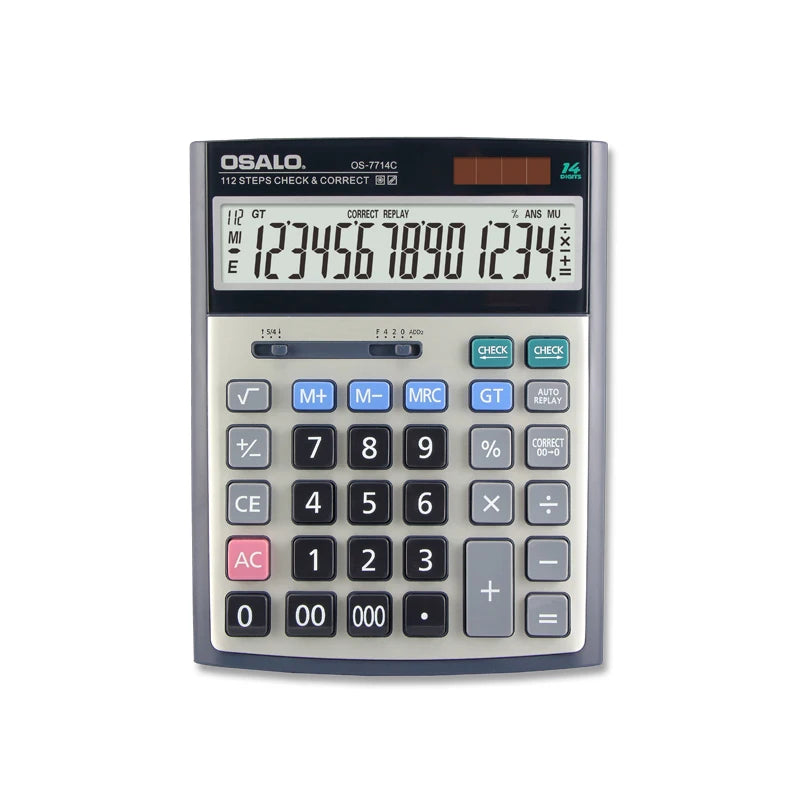 Hot Selling OS-7714C 14-Digit Black Office Electronic Battery+Solar Powered Plastic Calculator Check Function Big Calculator