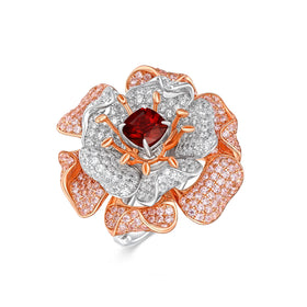 YBO 925 Silver Fine Jewelry High Quality 18K Gold Plated Full Diamond Natural Cushion Red Garnet Trendy Flower Rings for Wedding