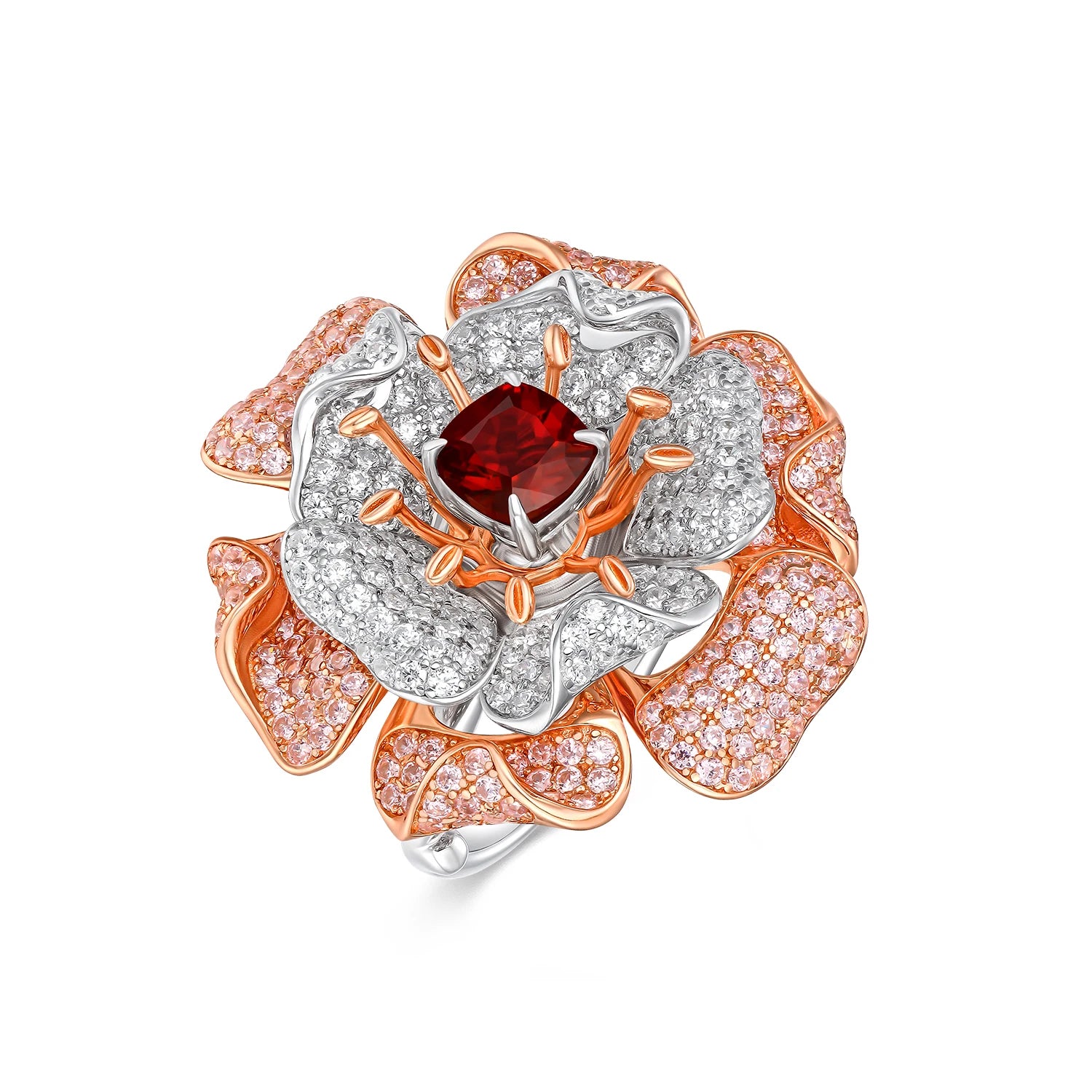 YBO 925 Silver Fine Jewelry High Quality 18K Gold Plated Full Diamond Natural Cushion Red Garnet Trendy Flower Rings for Wedding