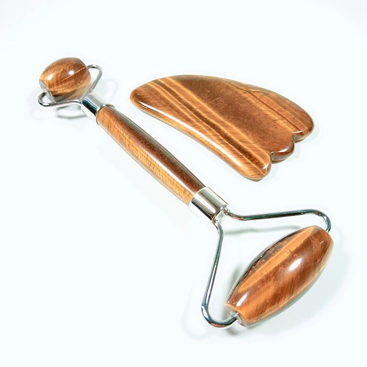 DIY Yellow Tiger Eye Facial Jade Massage Roller Anti Aging Facial Roller Yellow Tiger Eye Roller Guasha Set Package Box and Pouch