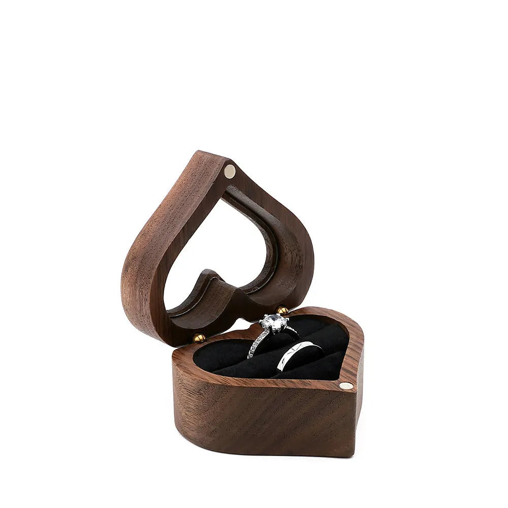 Small Wooden Black Walnut Heart Walnut Box Wood Ring Box with clear Lid