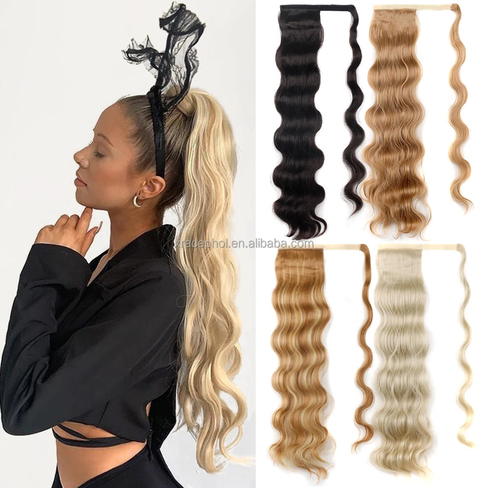 Fashion 100g Blonde Body Wave Hairpiece Heat Resistant Fiber Egg Roll Ponytail With Magic Tape