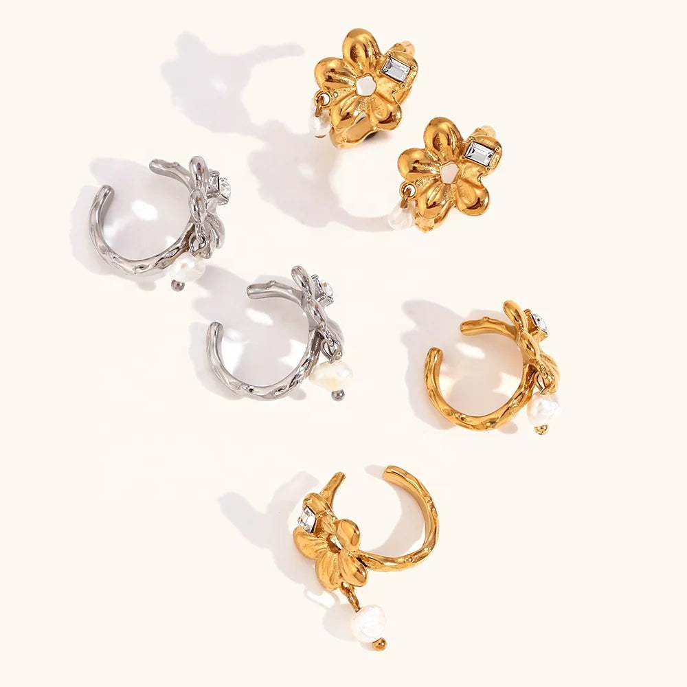 Dingran Fashion Jewelry Stainless Steel Gold Plated Flower Crystal Rhinestone Pearl Clip on Earrings for Women