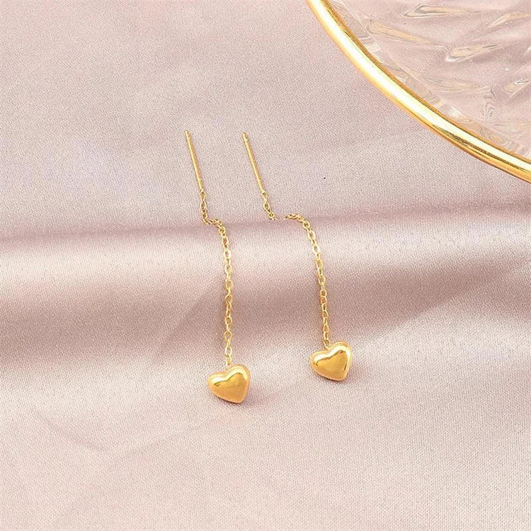 Wholesale New No Fade Titanium Steel 18k Gold Plated Heart Earrings Women Long Tassel Dangle Earrings
