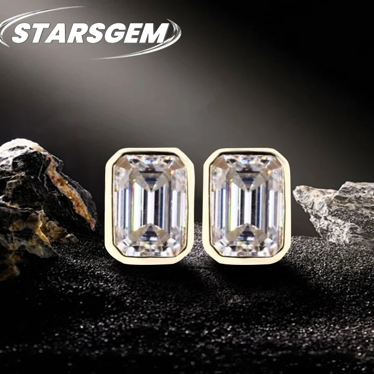 Starsgem 4x6mm Loose Emerald Cut Lab Grown Diamonds Moissanite Diamonds Earrings 9k/10k/14k/18k Bezel Earrings Stud Eemerald Cut