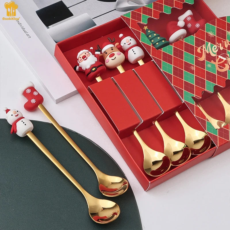 Stainless Steel Kids Santa Teaspoon Silver Gold Coffee Stirring Spoon Fork Party Flatware Gift Box Spoon Set for Christmas Party