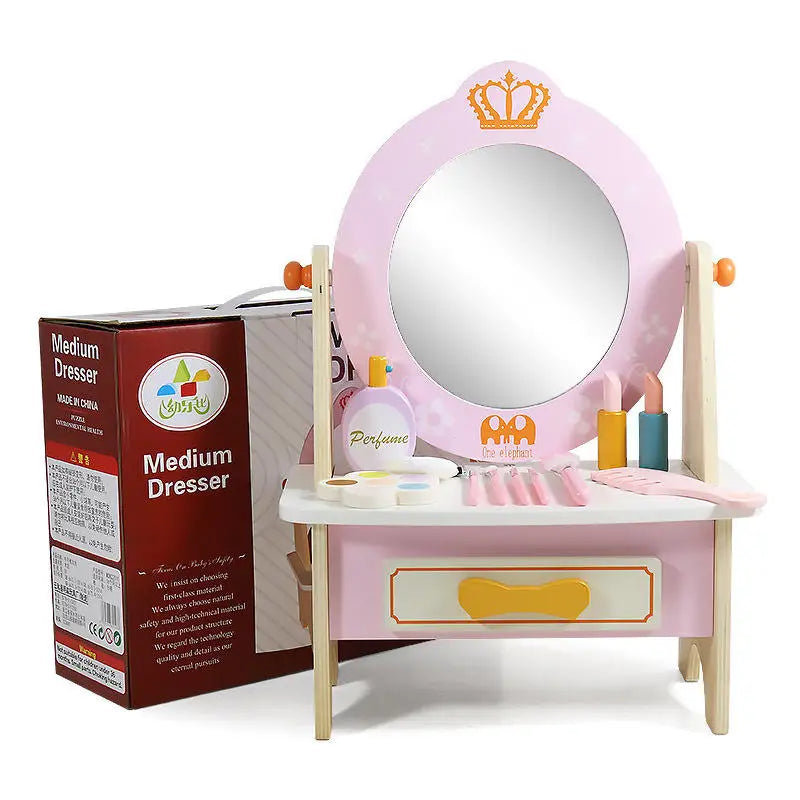 Children Wooden Dressing Play Pink Dresser Make up Table Educational Learning Cosmetics Pretend Toys for Girls From 9 to 12