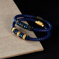 Fashion Stainless Steel Single Layer Braided Genuine Leather Magnetic Clasp Beads DIY Blue Bracelet Luxury Jewelry Gifts for Men