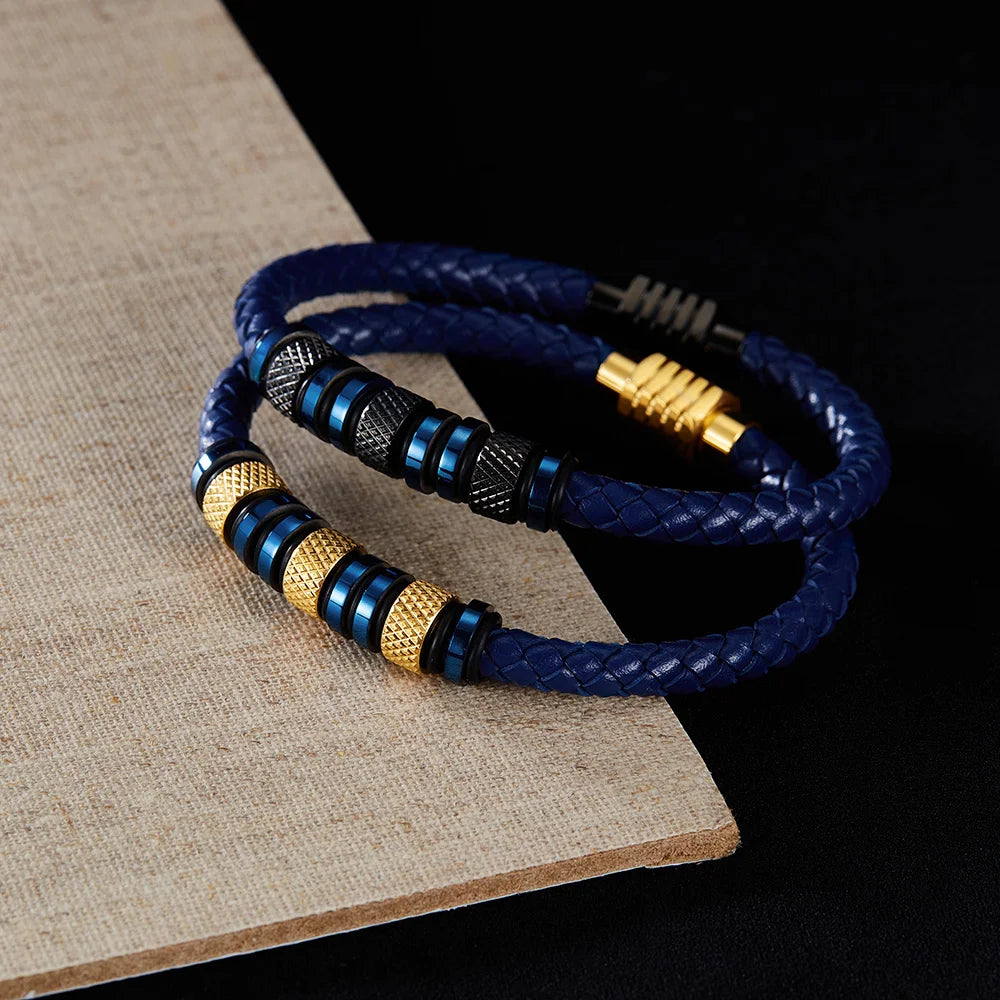 Fashion Stainless Steel Single Layer Braided Genuine Leather Magnetic Clasp Beads DIY Blue Bracelet Luxury Jewelry Gifts for Men