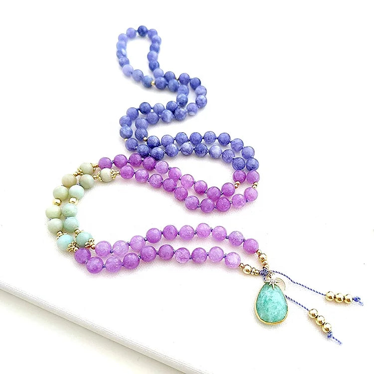 8mm Purple Blue Jasper Amazonite 108 Knotted Tassel Mala Necklaces Yoga Meditation Beads Spiritual Boho Jewelry