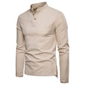 Casual Men's Plus Size T-Shirt New Long-Sleeved Solid Color Cotton Linen Stand-Up Collar Two-Button Woven 180 Grams Eco-Friendly