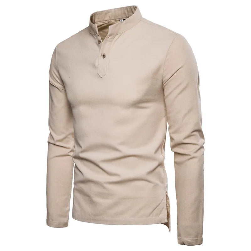 Casual Men's Plus Size T-Shirt New Long-Sleeved Solid Color Cotton Linen Stand-Up Collar Two-Button Woven 180 Grams Eco-Friendly