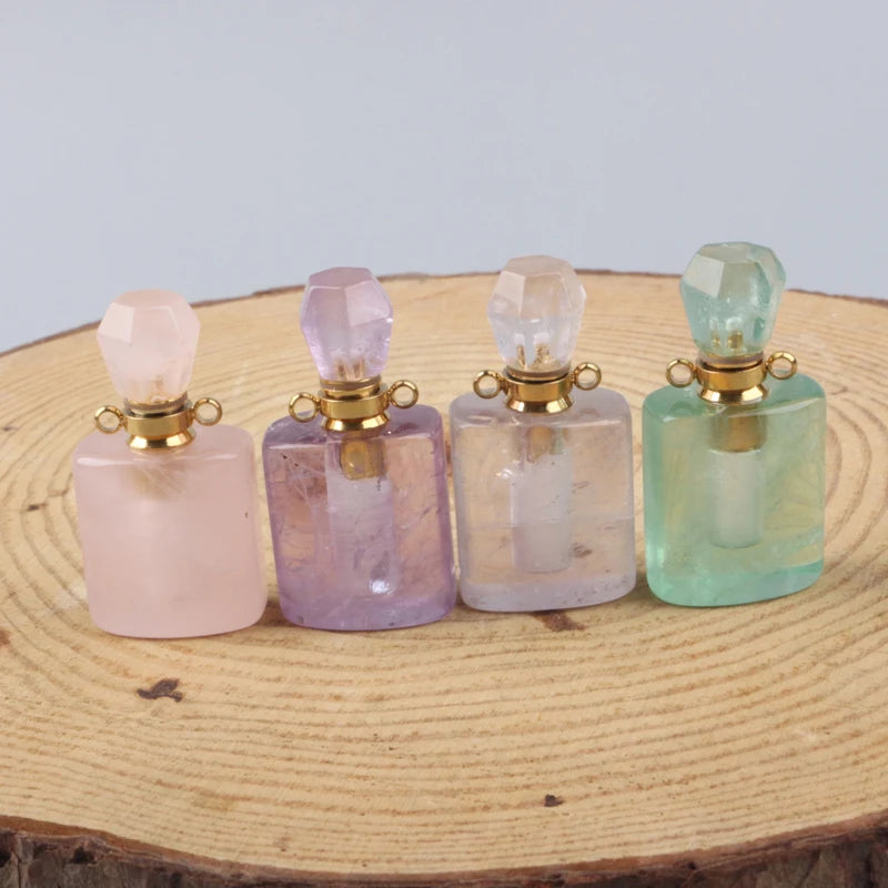Wholesale Polished Amethyst Crystal Pendant Mini Portable Refillable Glass Perfume Bottles for Necklace