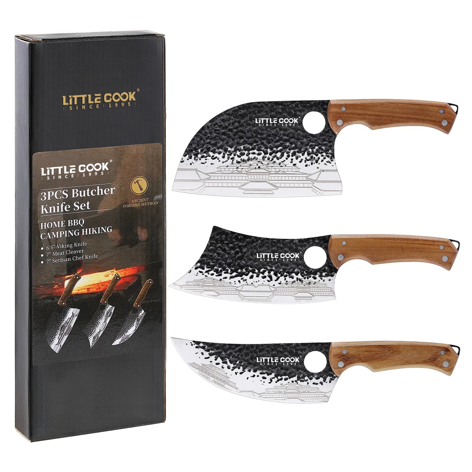 3PCS of Chef's Knife Set for Cooking Serbian Chef Knife & Meat Cleaver & Viking Knife Wooden Handle Butcher Knife Set