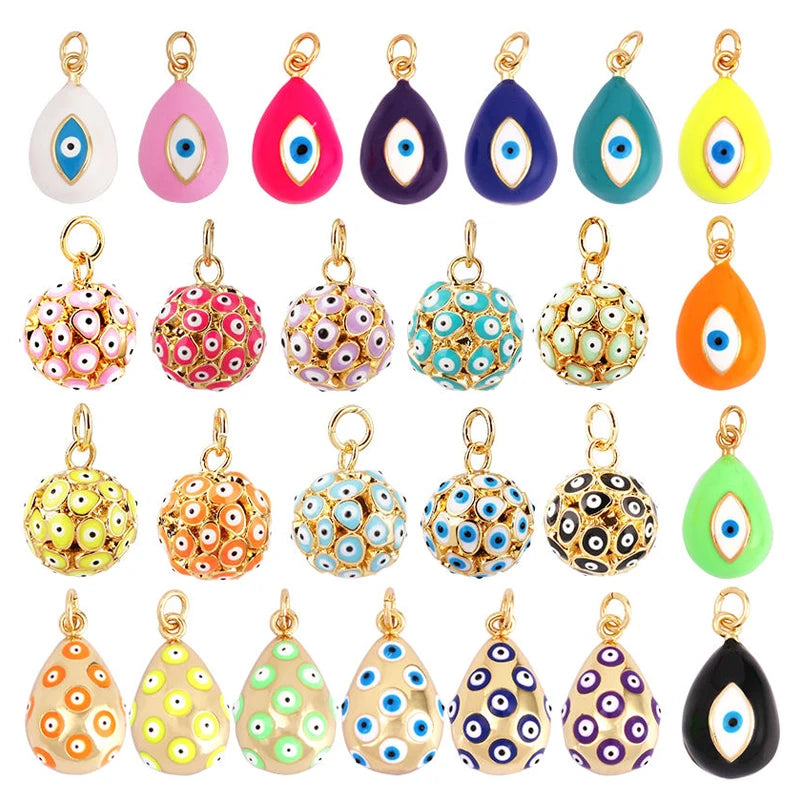 Evil Eye Teardrop Enamel Charm Neon Pink Orange Turquoise Blue Oil DroppedReal Gold Plated Necklace Bracelet Pendant M09 M93