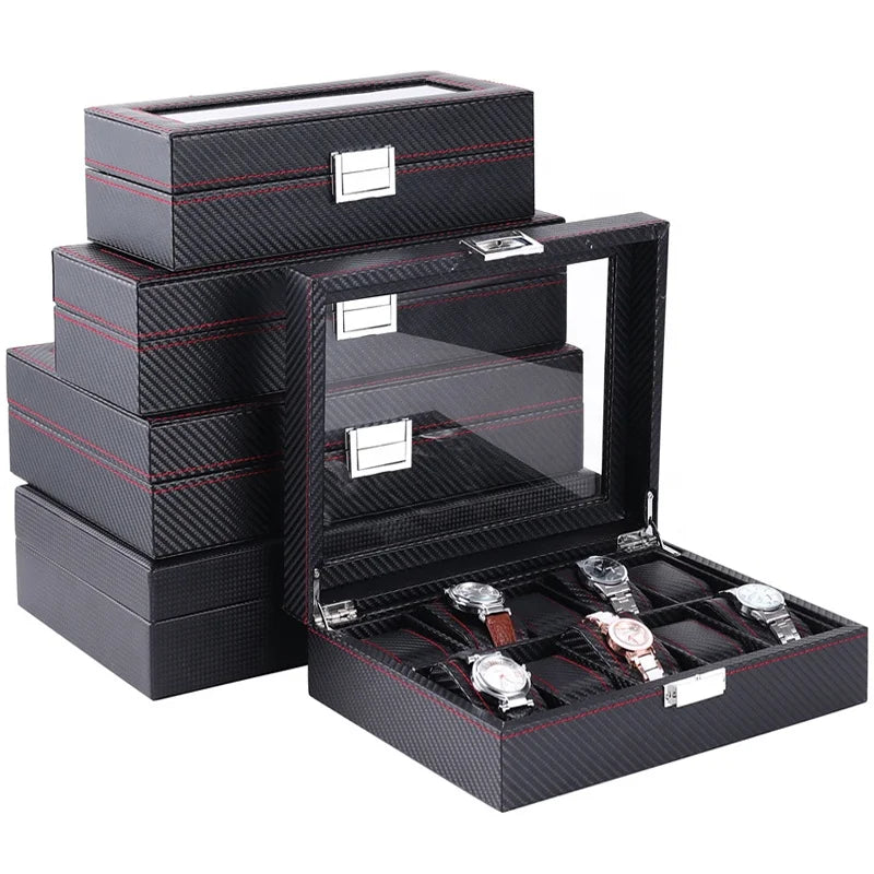 Wholesale 3561012slots Watch Organizer Luxury Carbon Fiber Leather Watch Box for Watches MegaBDM