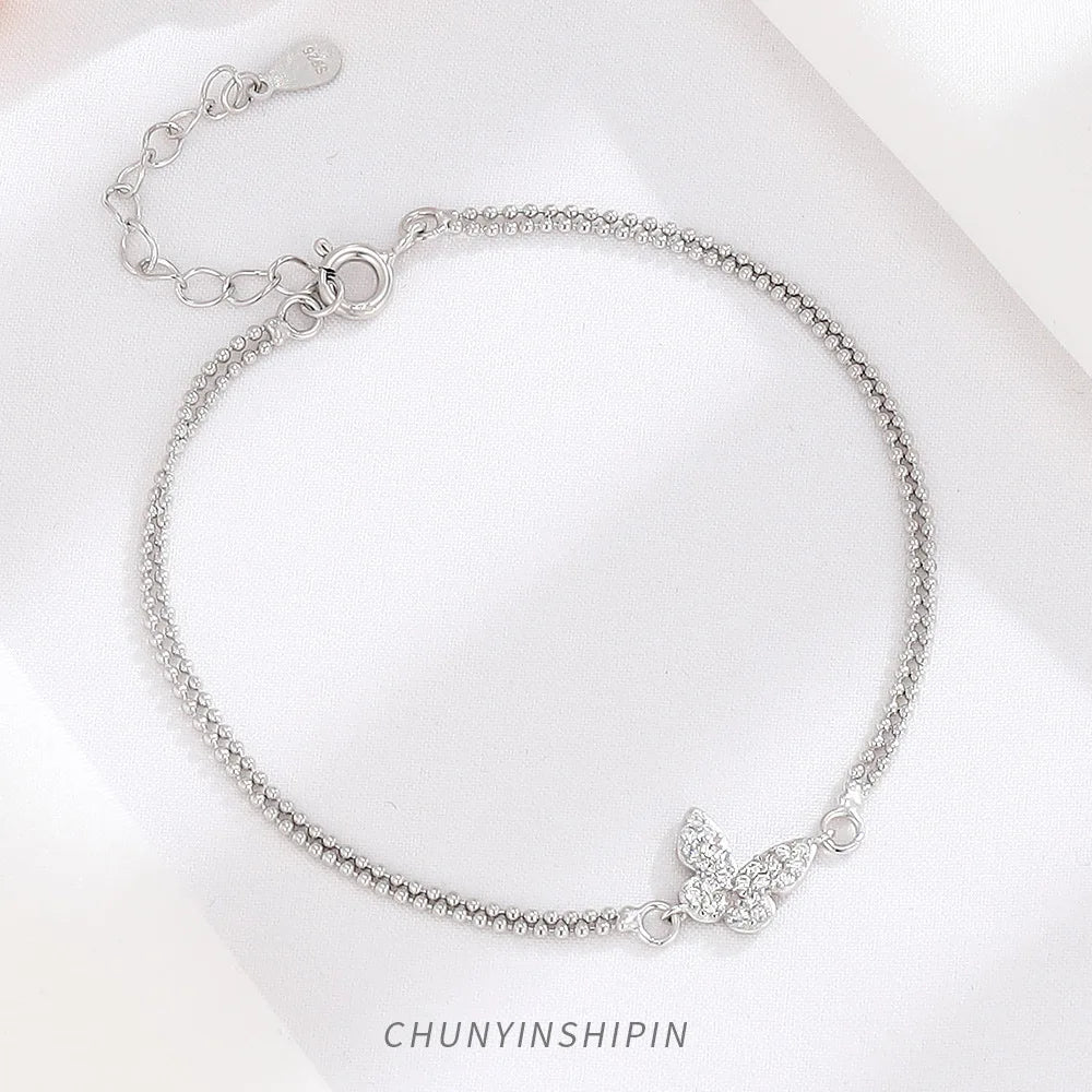 Fine Jewelry Double Layer Diamond Butterfly Charm Bracelet S925 Sterling Silver Women Bracelet
