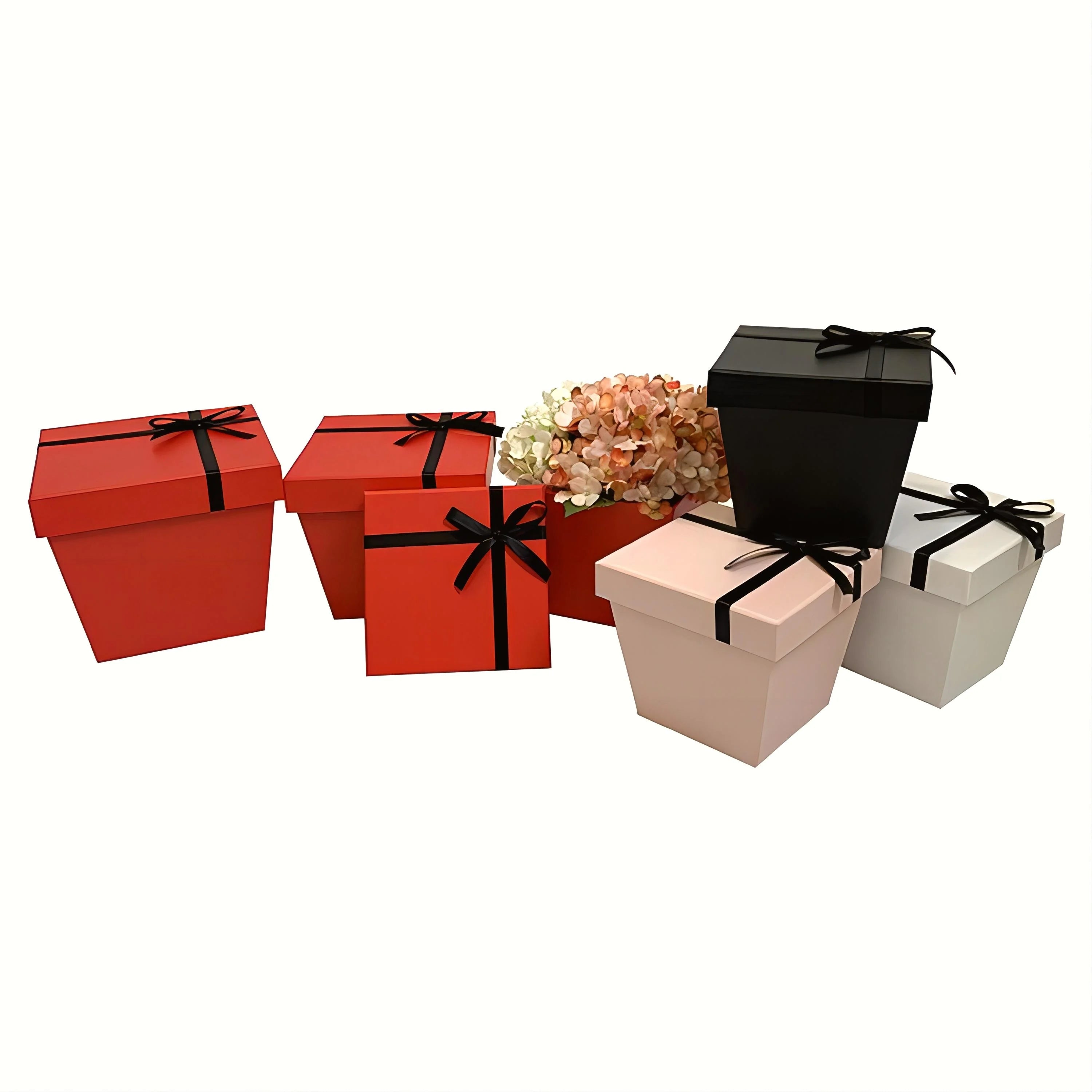 Set of Three Beautiful Rose Flower Box Trapezoid & Square Cardboard Gift Boxes with Ribbon Bow & Hand Gift New Embossed Printing