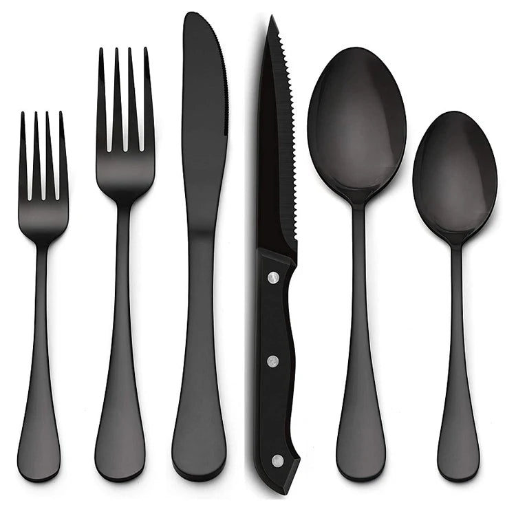 24 Pieces Black Silverware Set with Steak Knives Stainless Steel Flatware Cutlery Set Kitchen Utensil Tableware Set
