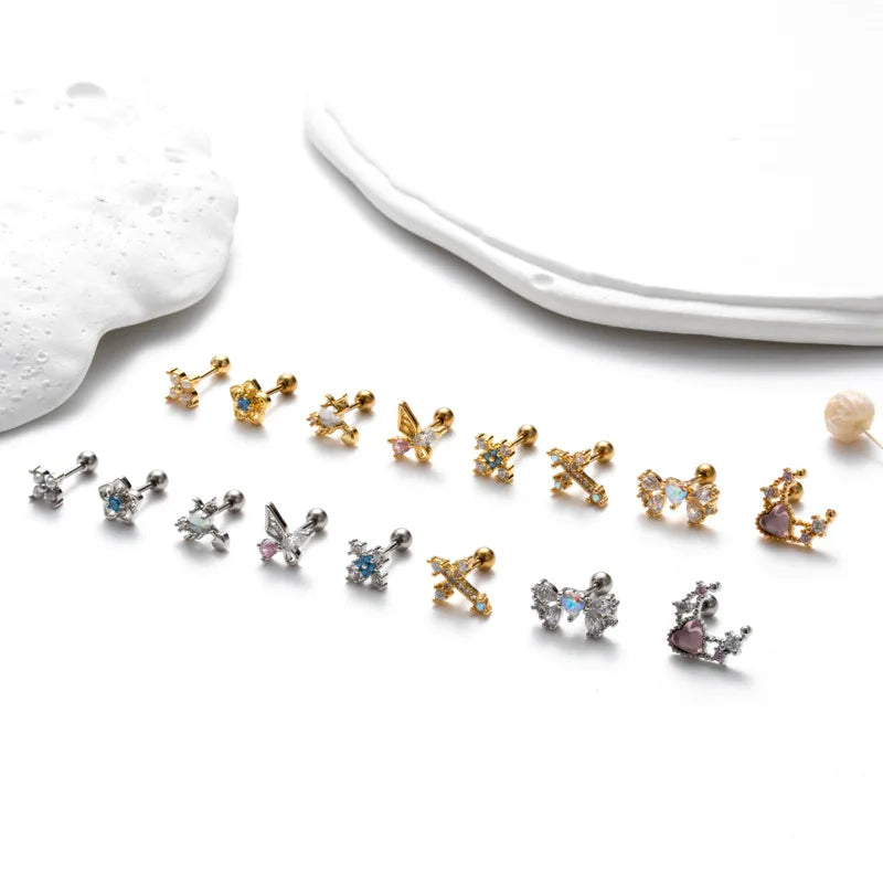 Stainless Steel Double Head Screw Earrings Cross butterfly Heart Zircon Ear Stud for Women