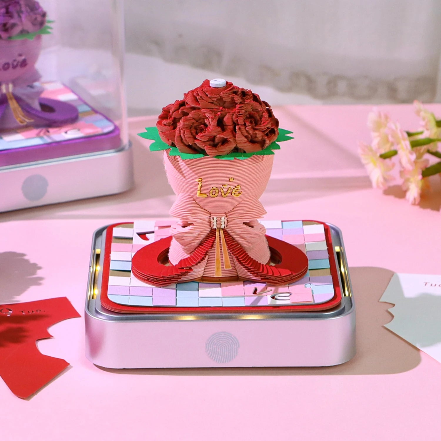 Valentine Day Gift 3D Memo Pad Custom Calendar Rose Flower With Light Note Pad Stationery Christmas Birthday Gift for Girlfriend