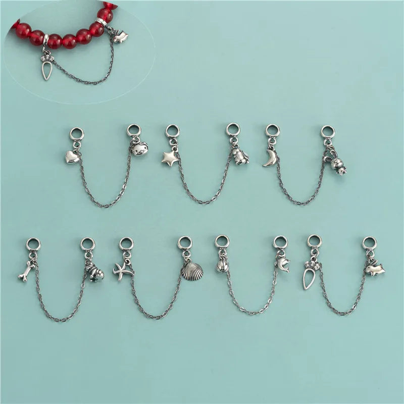 925 Sterling Silver Antique Silver Starfish Seashells Moon Star Rabbit Animal Double Pendant Chains Charm for Bracelet Fittings