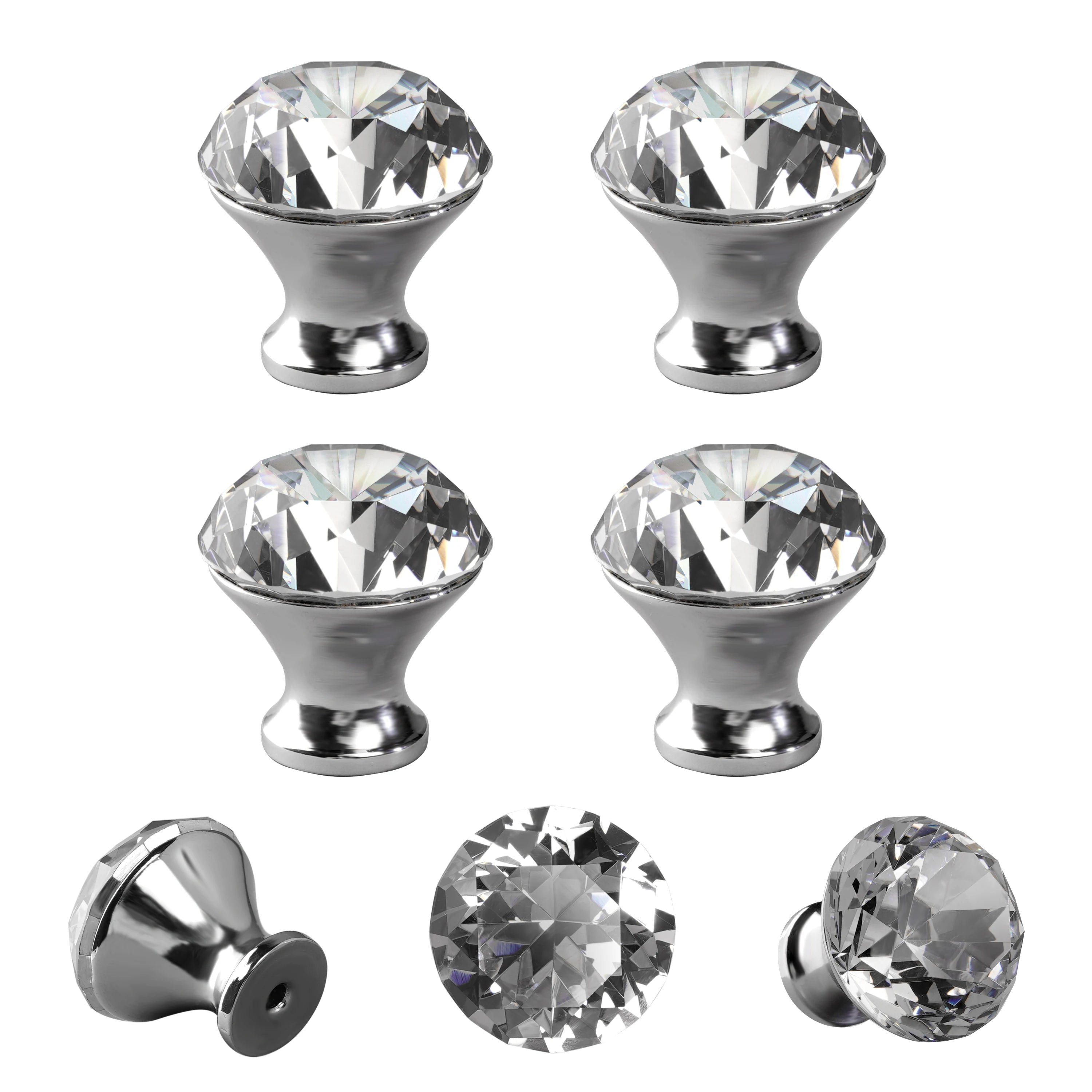 30mm Dia Diamond Crystal Glass Alloy Door Drawer Cabinet Wardrobe Pull Handle Knobs for Kids Kitchen Dresser Bedroom Living Room