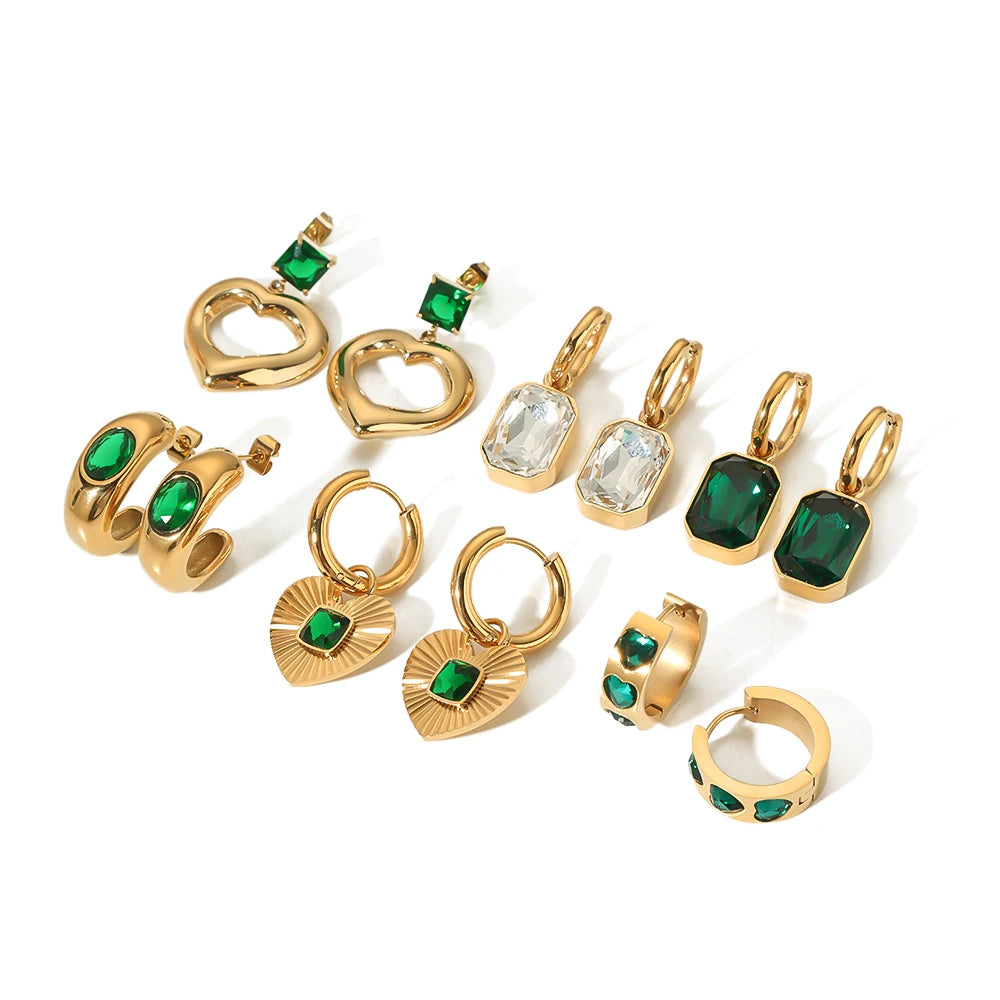 Best Selling Titanium Steel 18K Gold Plated Color Waterproof Zircon Hoop Earrings Green Emerald Cut Diamond Jewelry Earrings