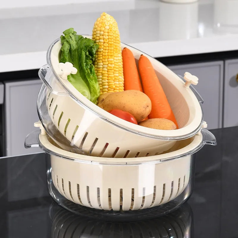 Creative Household Multi-Functional Double Filter Drain Storage Basket Net Red Rotating Vegetable Fruit Bin Plastic Modern Model