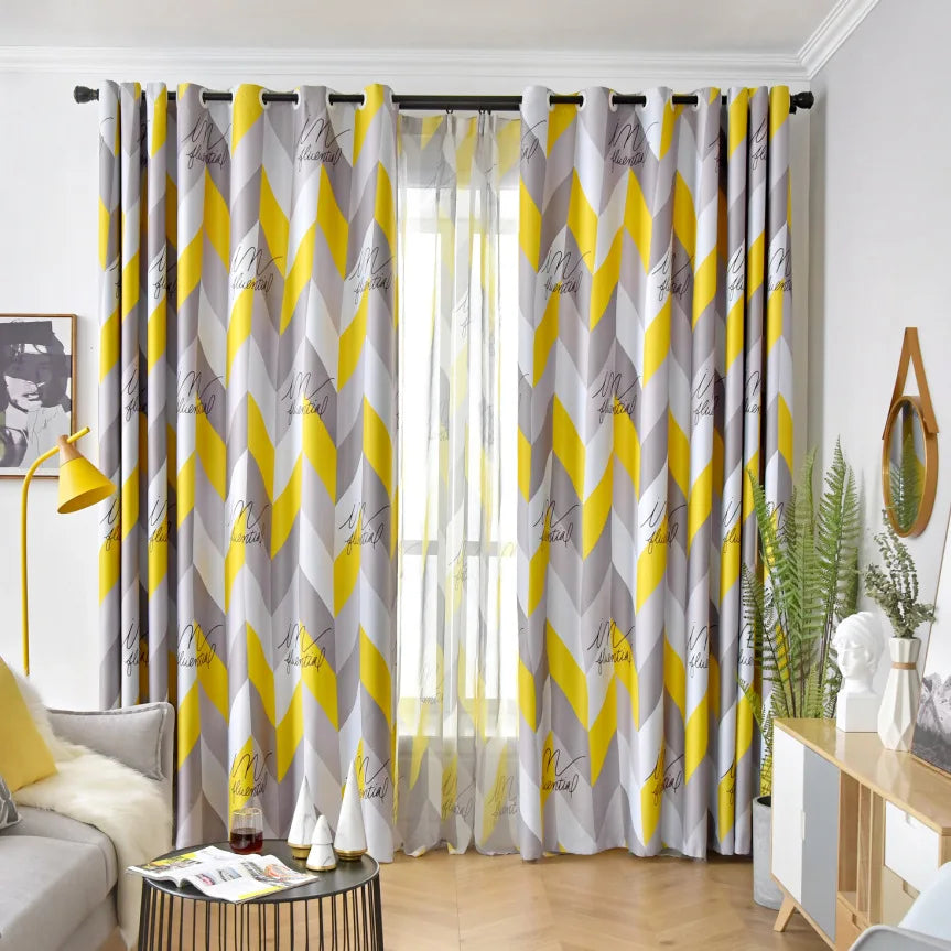 Nordic Style Blue and Yellow Geometric Printing Bedroom Home Decoration Polyester Luxury Blackout Window Drapes