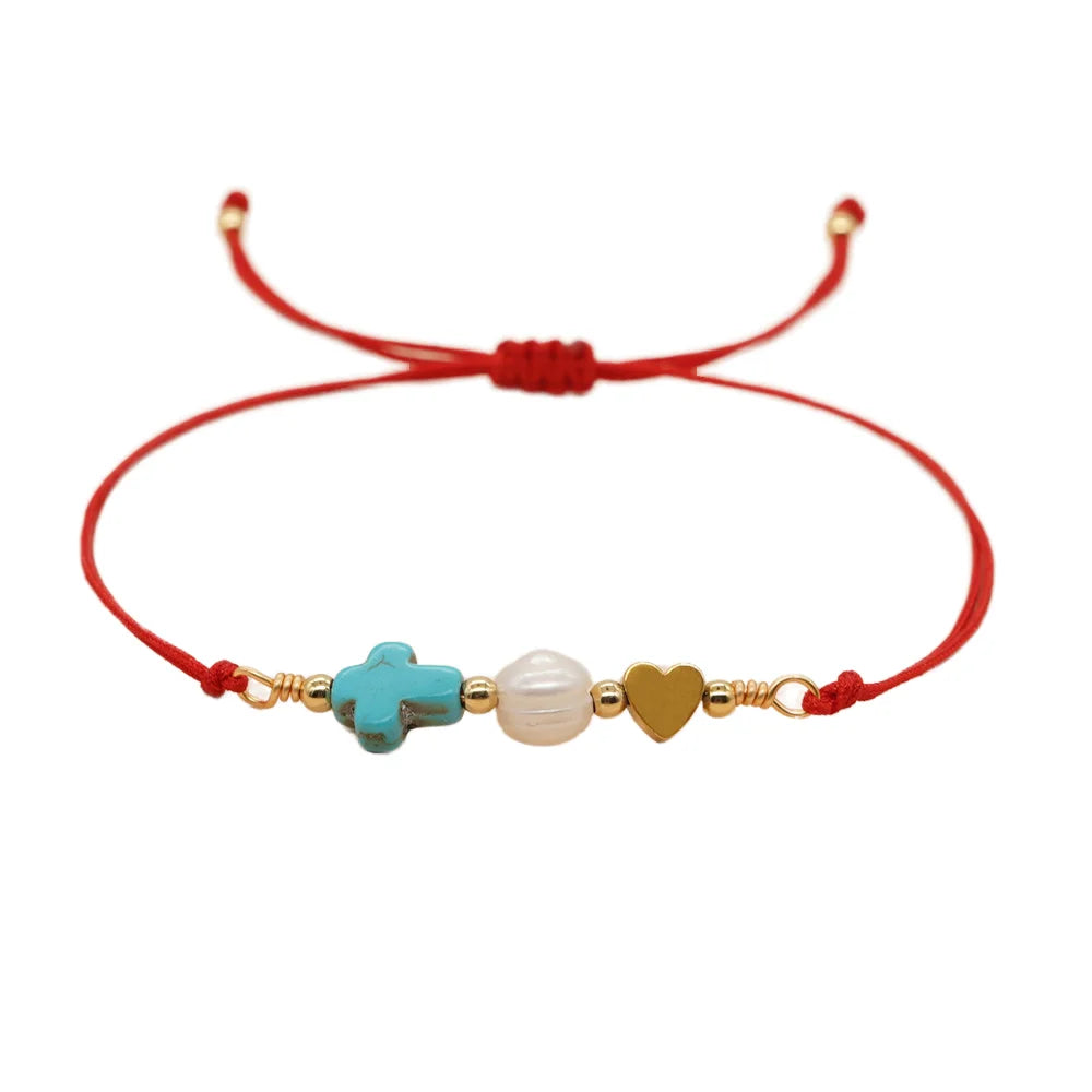 Go2boho Adjustable Beaded Bracelets for Women Men Handmade Red Cord Cross Pearl Gold Plated Heart Charm Trendy Christian Jewelry