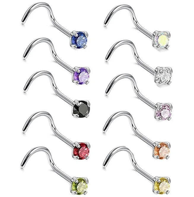 Gaby Stainless Steel Silver Plated Nose Stud & Hoop Ring Set with Zircon L Shaped Star Heart Design for Wedding Engagement