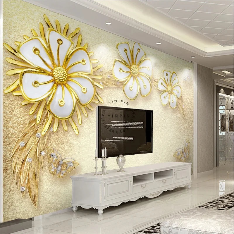 Modern Minimalist Gold Flower Wallpaper High-end Diamond Jewelry Background Wall Mural