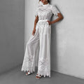 Temperament Casual Solid Commuter Style 2024 Summer Short Sleeve Stand-up Collar Top + High Waist Wide Leg Trousers Suit Female