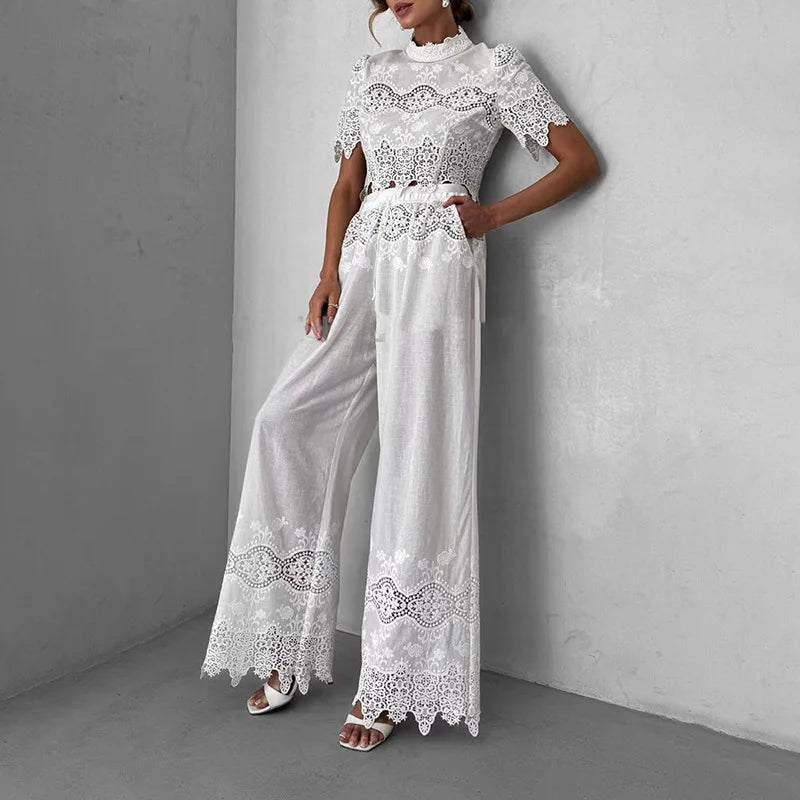 Temperament Casual Solid Commuter Style 2024 Summer Short Sleeve Stand-up Collar Top + High Waist Wide Leg Trousers Suit Female