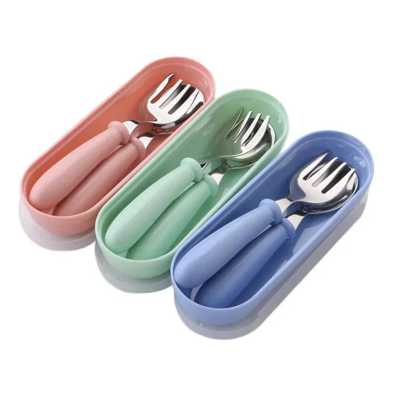 Dishwasher Safe Stainless Steel Kids Cutlery Set Back to School Spoon Fork with BPA Free Plastic Handle Box