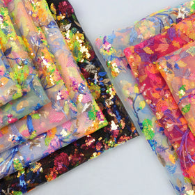 100% Polyester Fluorescent Nonwoven Multi-colored Backcloth Embroidered Flower-shaped Sequin Cloth for Wedding Dresses & Girls