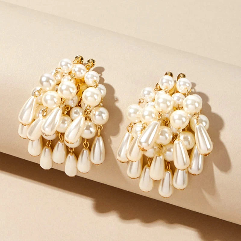 Extremely Popular Exaggerated Gold Plated Geometric Pendant Earrings Jewelry Temperament Pearl Tassel Earrings Gifts for Women