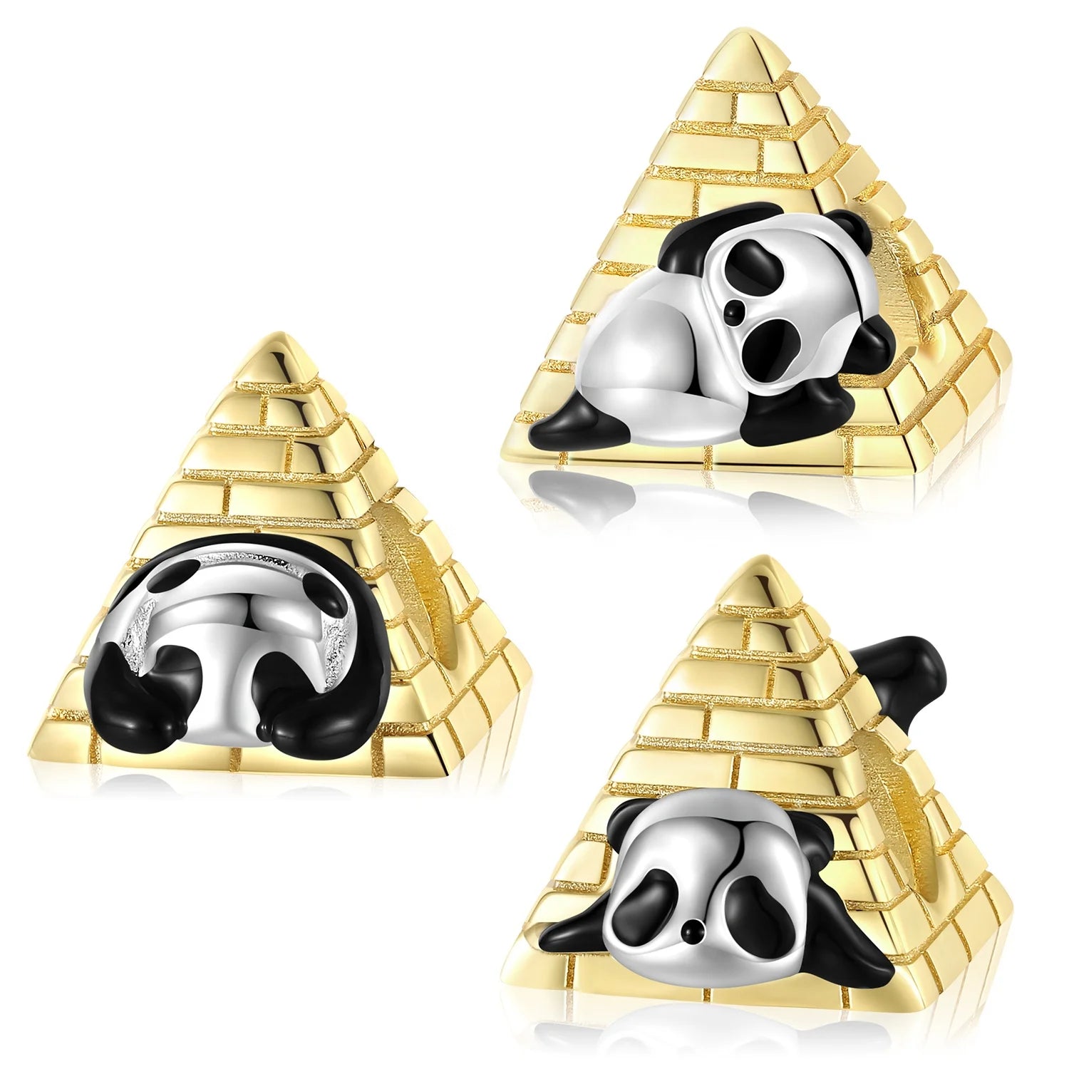 Shy and Lovely Panda Pyramid Charm Authentic 925 Sterling Silver Gold Plated Beads for Women Charm Bracelet Jewelry Dropshipping