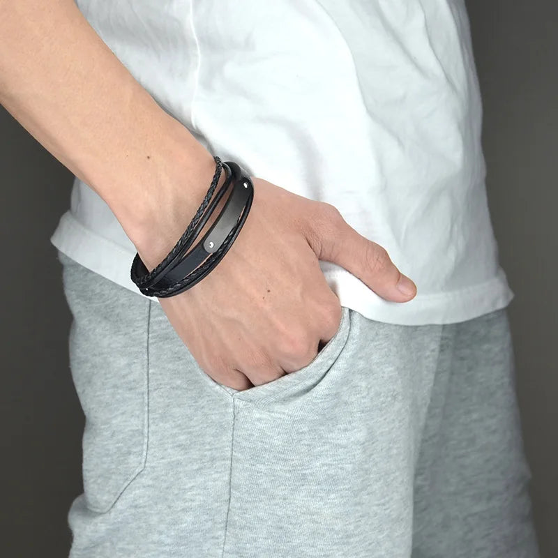 Personalized Customized Logo Stainless Steel Bracelet with Magnetic Buckle Fashionable Charm Multi Layer Leather Men's Bracelet