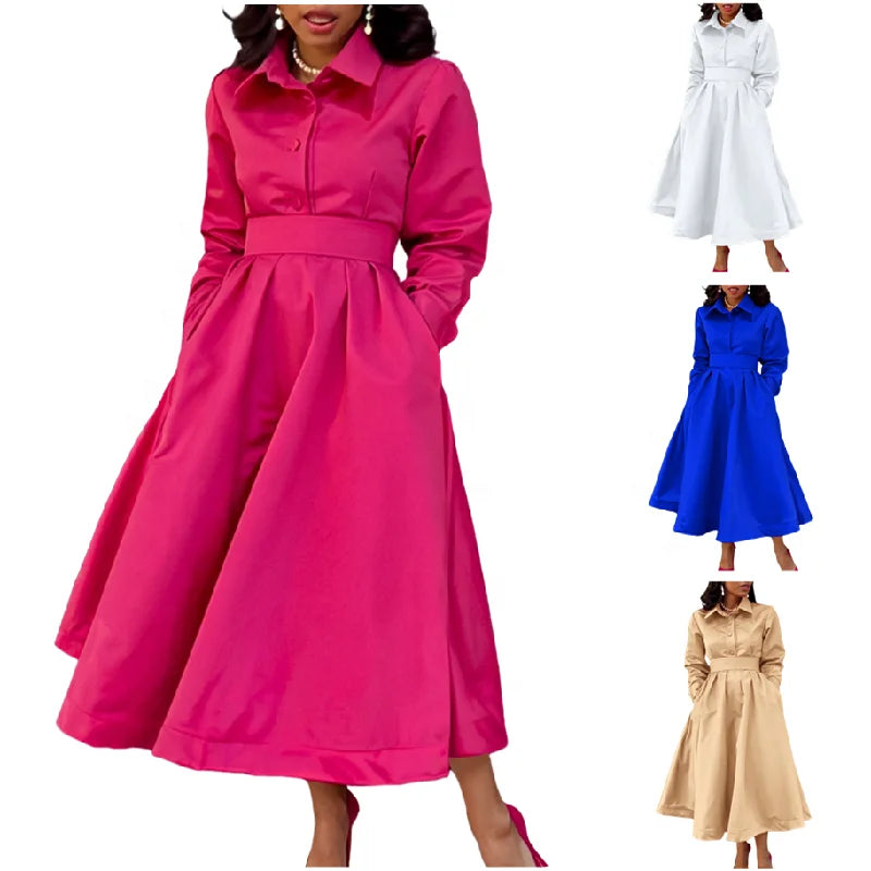 D532 Latest Design Autumn Office Lady Dresses Women Casual Solid Color Lapel Long Sleeve A-Line Shirt Dress Africa Dresses