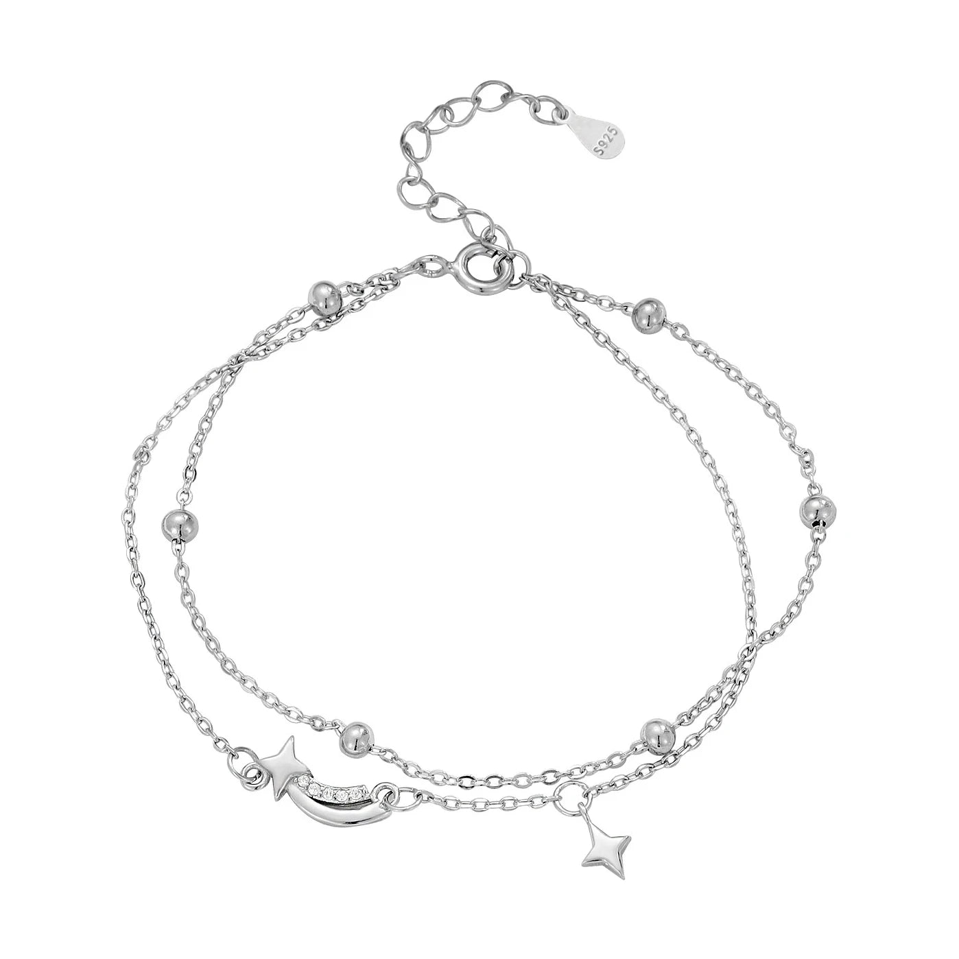 Women Round Beads Charm Double Layer Chain Bracelet Bangle Jewelry Gift 925 Sterling Silver Star Layered Bracelet