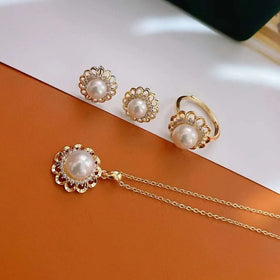 Trendy Women's Three-Piece Set Freshwater Pearl Necklace Earrings Ring Gold-Plated Sunflower for Engagement 7-9mm Natural Gift