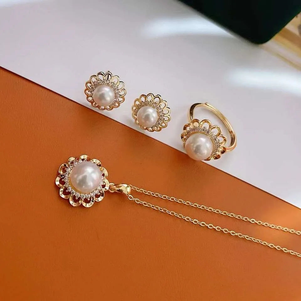 Trendy Women's Three-Piece Set Freshwater Pearl Necklace Earrings Ring Gold-Plated Sunflower for Engagement 7-9mm Natural Gift