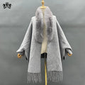 Janefur Fashion Women Cashmere Cape Spring Wool Coat Real Fox Fur Trim Poncho