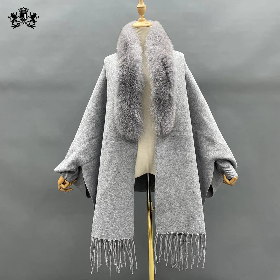 Janefur Fashion Women Cashmere Cape Spring Wool Coat Real Fox Fur Trim Poncho