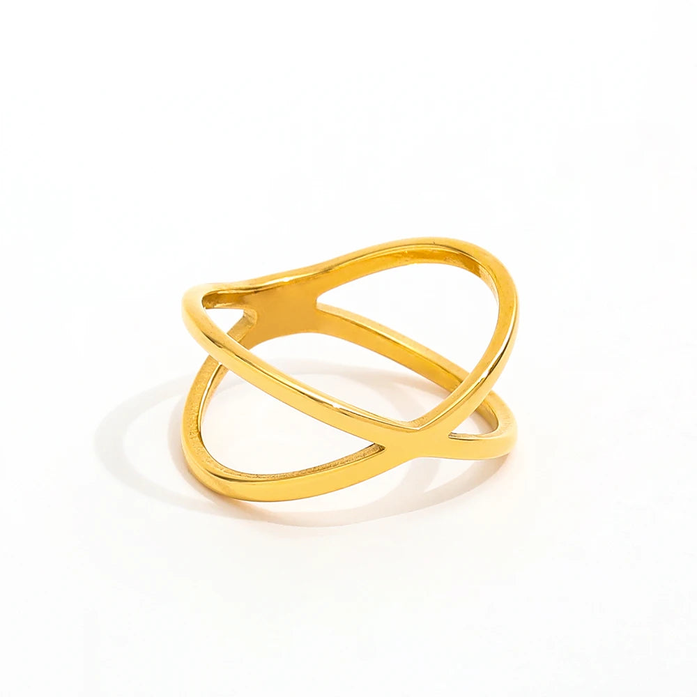 Joolim High-End 18K Gold Plated Stainless Steel Double-Layer Cross Line Finger Rings for Women Trendy Style for Parties Gifts