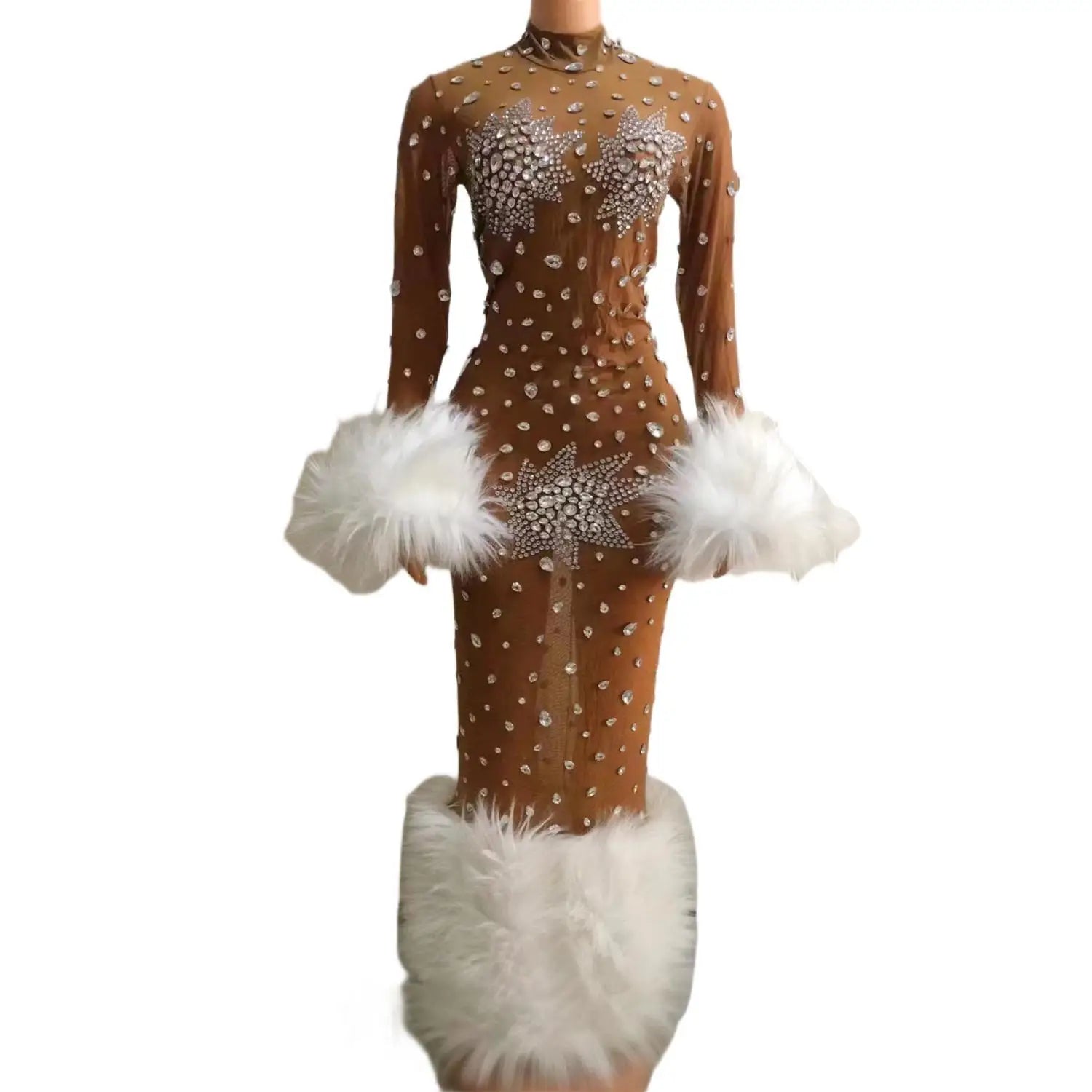 Sexy Transparent Stones Crystals Fur Sexy Club Dress Ball Gowns Celebration Wedding Prom Long Dress Women Formal Evening Dress