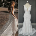 10993#V Neck Mermaid Bohemian Boho Vintage Vestido De Noiva Sweep Train Sleeveless Lace Backless Wedding Dress Bridal Gown