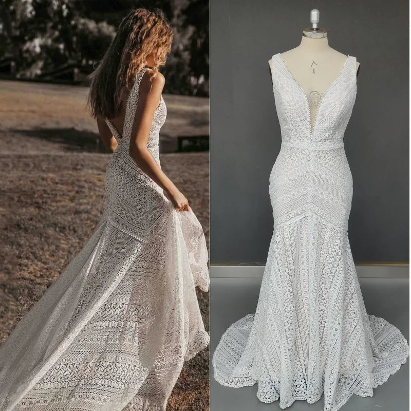 10993#V Neck Mermaid Bohemian Boho Vintage Vestido De Noiva Sweep Train Sleeveless Lace Backless Wedding Dress Bridal Gown